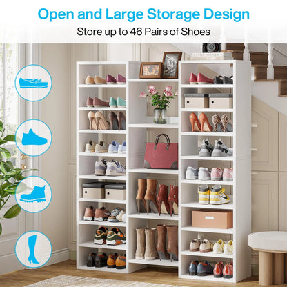 Tribesigns 14-Tier Shoe Rack, Freestanding Tall Shoe Shelf, White Wooden Shoe Storage Cabinet with 22 Open Cubbies, 46 Pairs Wid