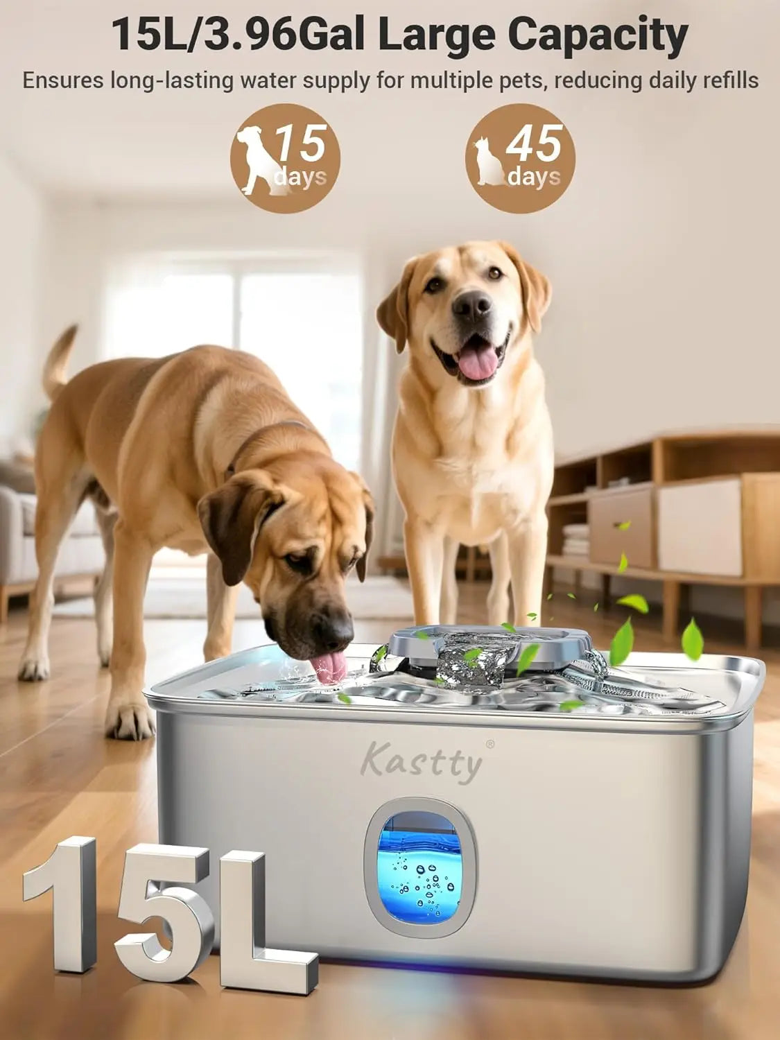 15L Stainless Steel Dog Water Fountain with Triple Filtration, Ultra Quiet Automatic Pet Dispenser with LED Light