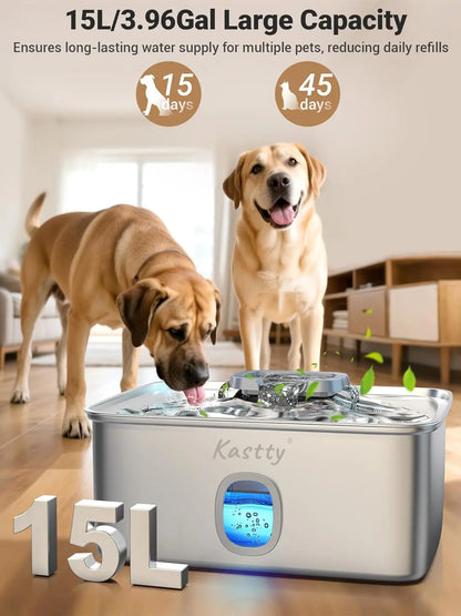 15L Stainless Steel Dog Water Fountain with Triple Filtration, Ultra Quiet Automatic Pet Dispenser with LED Light