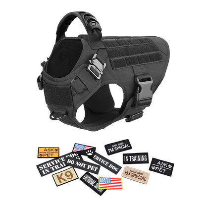 Black tactical dog harness vest with handle and assorted Velcro service dog patches