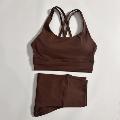 Solid Color Gym Fitness Set Tight Soft cross Fitness Bra 2pc compression High Waist Yoga Legging Suit Comprehensive Training Jog