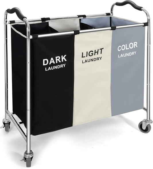 240L Laundry Basket with Wheels, 3-Section Hamper for Clothes, Towel & Toy Storage in Dorm or Home