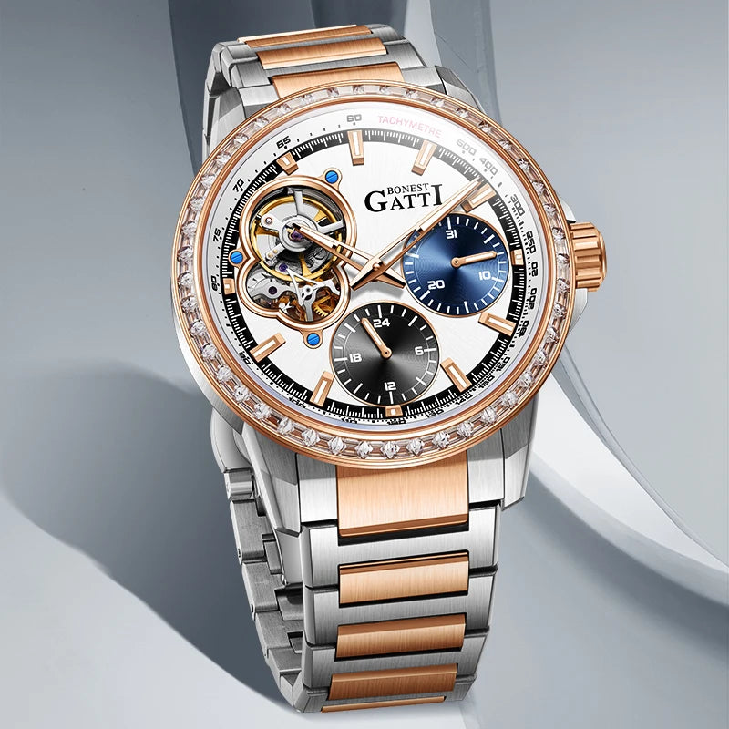 Bonest Gattic Automatic Skeleton Watch Stainless Steel Strap