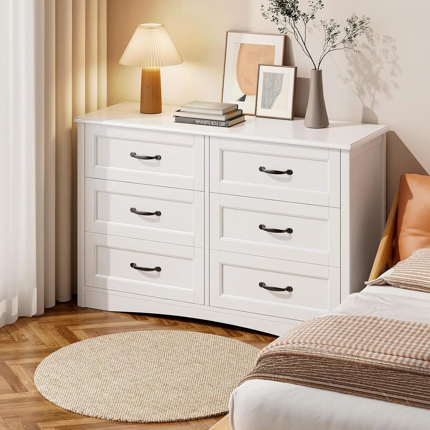 6 Drawer Dresser for Bedroom，47'' Larger Chest of Drawers with Mental Handle , White Dresser with 6 Storage Drawers, White