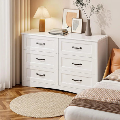 6 Drawer Dresser for Bedroom，47'' Larger Chest of Drawers with Mental Handle , White Dresser with 6 Storage Drawers, White