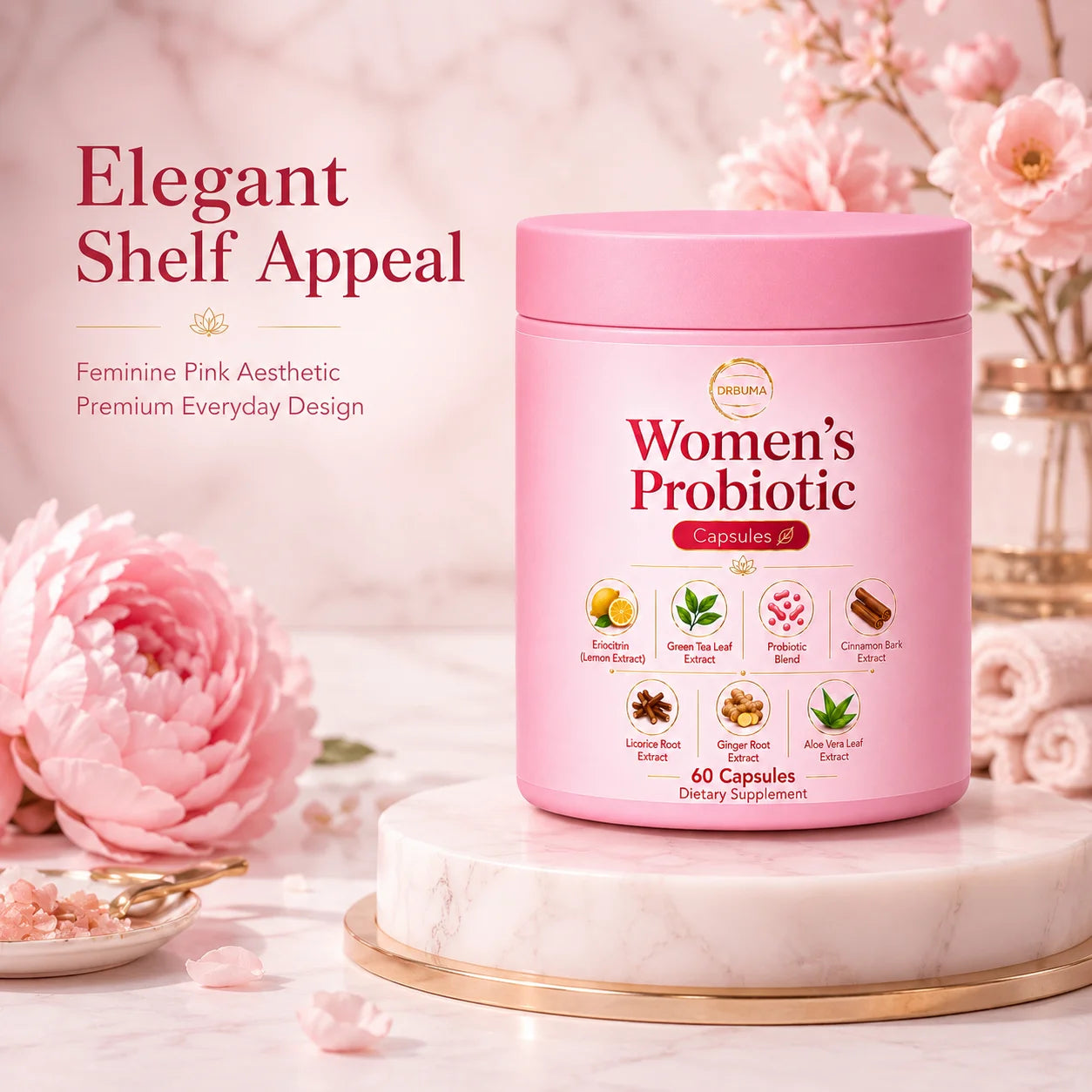 60-Capsule Women's Probiotic Capsules, Daily Nutritional Supplement Formula, Compound Probiotic Capsules for Intimate Care of Women, Formulated with Plant Extracts Combined with Complex Probiotics, Gentle Formula