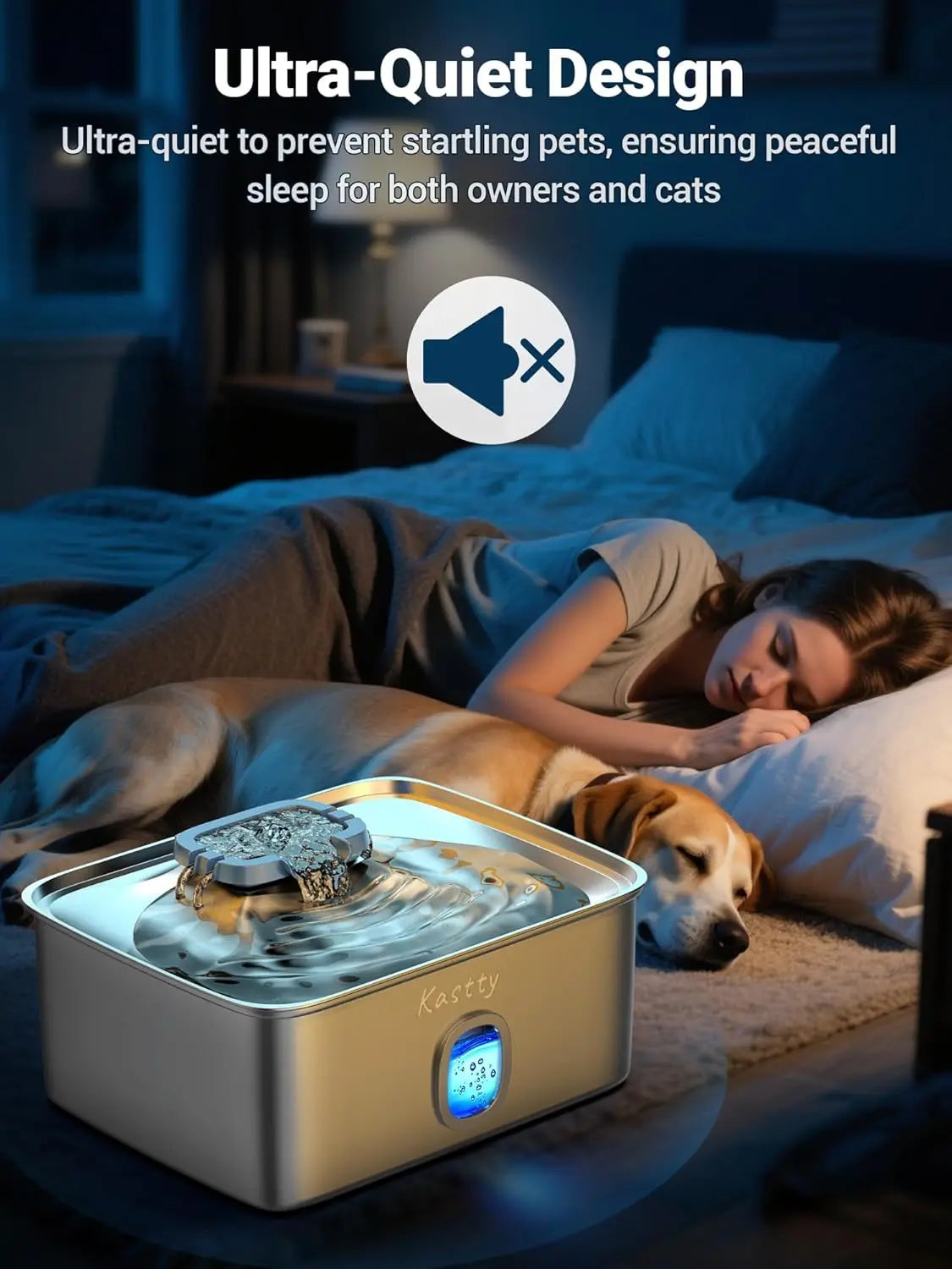 15L Stainless Steel Dog Water Fountain with Triple Filtration, Ultra Quiet Automatic Pet Dispenser with LED Light