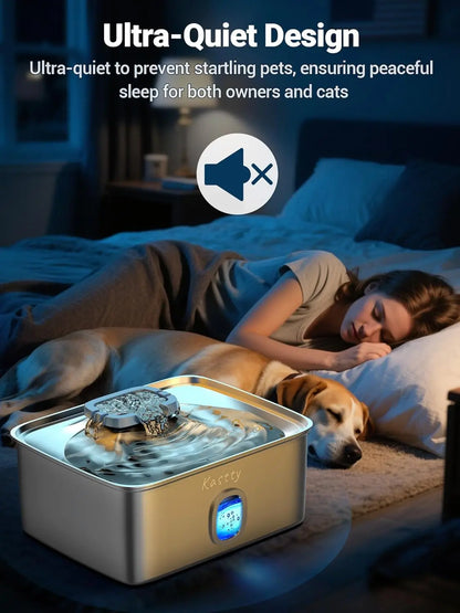 15L Stainless Steel Dog Water Fountain with Triple Filtration, Ultra Quiet Automatic Pet Dispenser with LED Light
