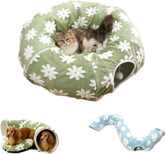 Flower Design Plush Foldable Dachshund Tunnel Bed for Dogs
