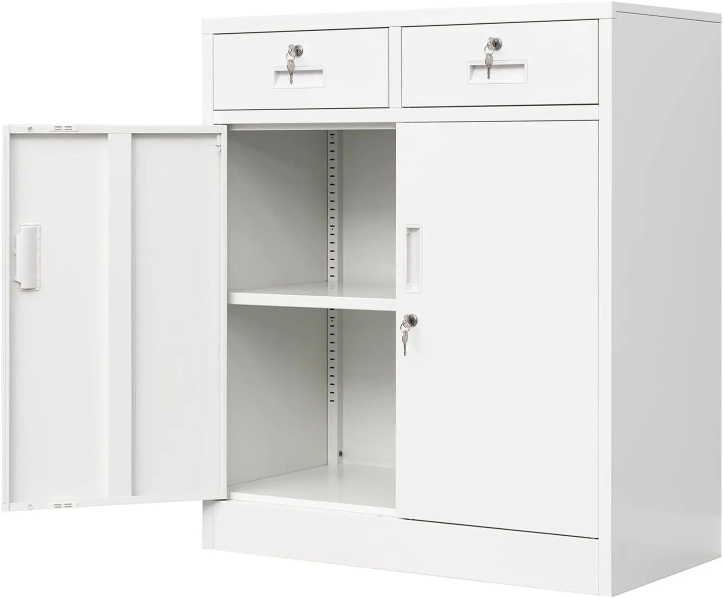 Metal Locking Storage Cabinet With Drawers And Adjustable Shelf