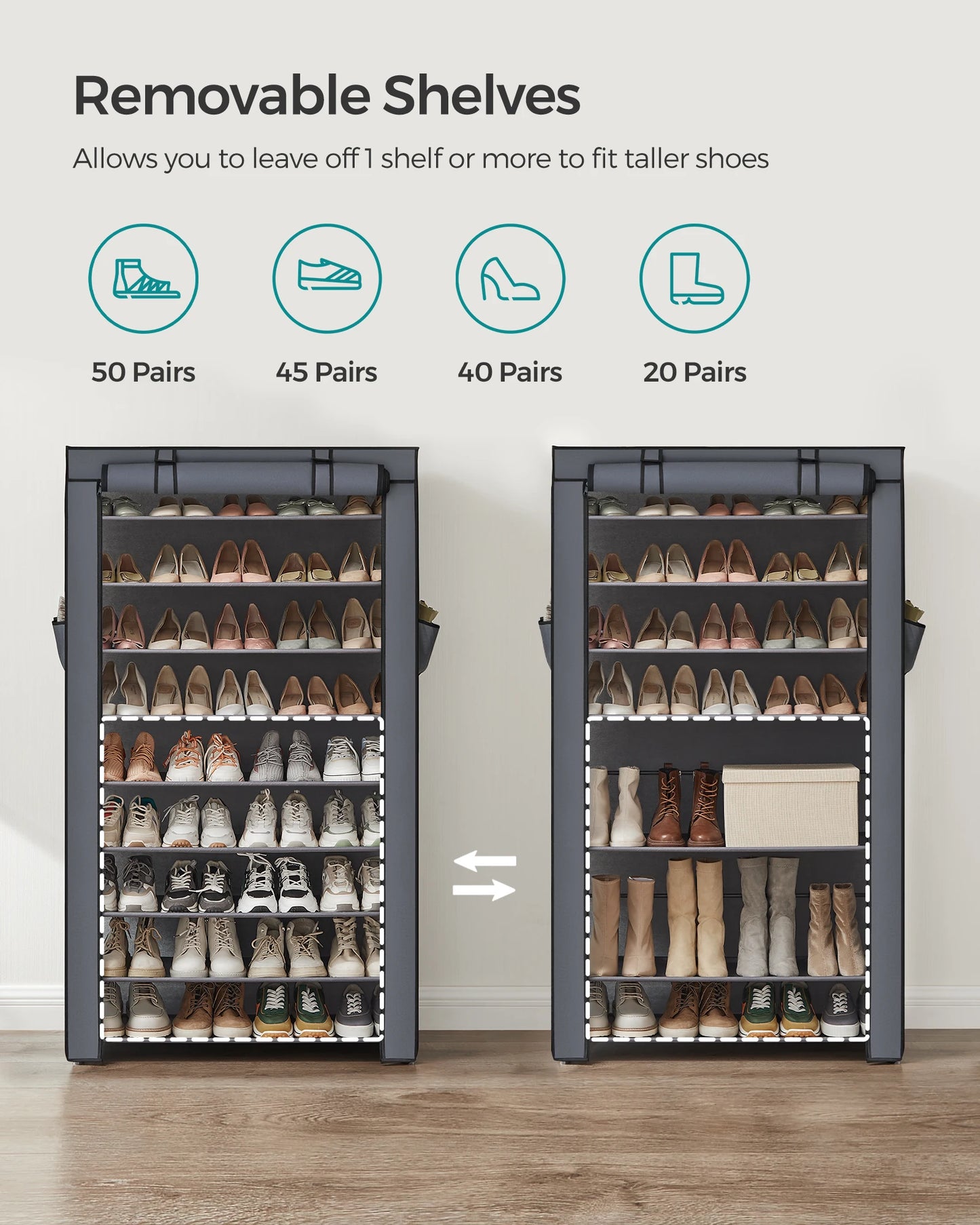 SONGMICS Shoe Rack, 9 Tier Shoe Organizer with Nonwoven Fabric Cover, Shoe Storage Shelf for 40-50 Pairs of Shoes, Entryway