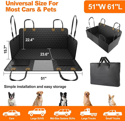 Universal waterproof pet car seat cover, black, with dimensions and storage case, fits most vehicles.