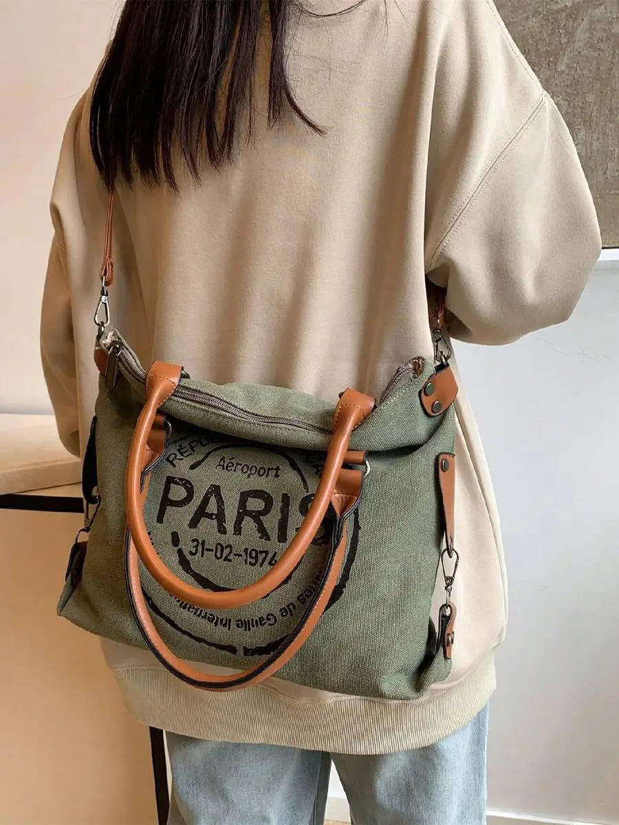 Large Capacity Casual Tote Handbag With Paris Print, Versatile Crossbody Bag For Women