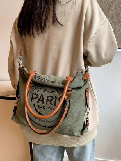 Large Capacity Casual Tote Handbag With Paris Print, Versatile Crossbody Bag For Women