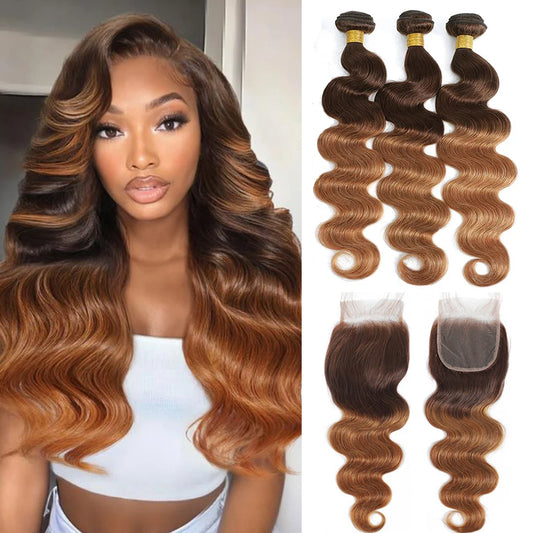 12A Ombre Body Wave Bundles Human Hair With Closure Unprocessed Virgin Hair Brazilian Ombre Colored 3/4 Bundles With Closure