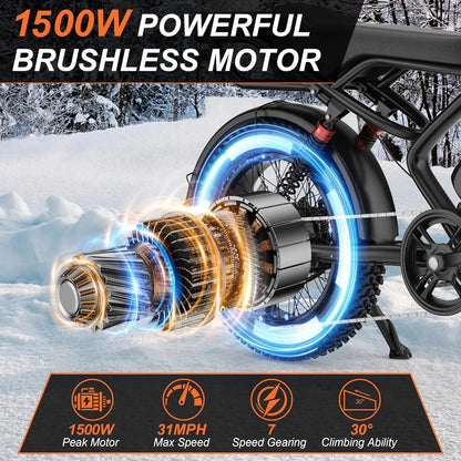 AOVOWHEEL AW2PROElectric Bike 1500W 20" Fat Tire 31mph Top Speed 70 Miles Range for Road Sand Mountain Snow Electric Motorcycle