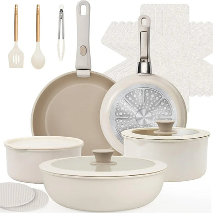 Ceramic Cookware Set, 20 Pack Nonstick Pots and Pans Set with Detachable Handles, Healthy Frying Pans, Induction Dishwasher Oven