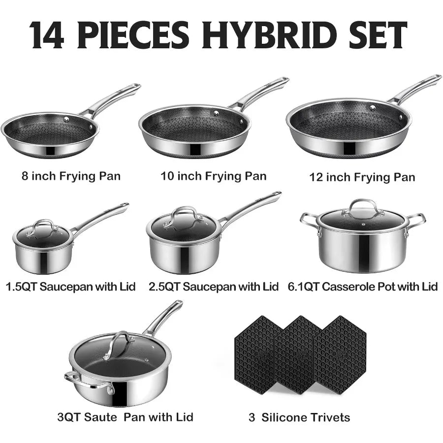 SNOWCLAD Pots and Pans Set Non Stick 14 Pcs Hybrid Stainless Steel Cookware Sets Non Stick Frying Pans Saucepans Saute Pan and