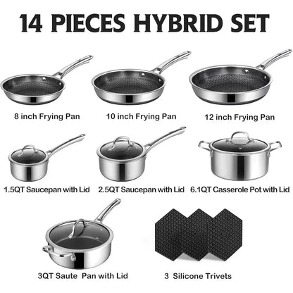 SNOWCLAD Pots and Pans Set Non Stick 14 Pcs Hybrid Stainless Steel Cookware Sets Non Stick Frying Pans Saucepans Saute Pan and