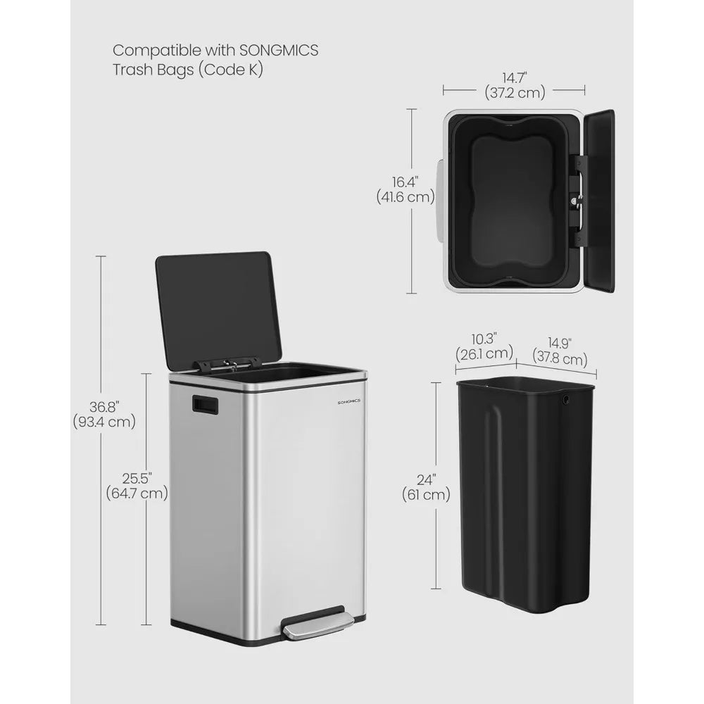 SONGMICS Trash Can, 13-Gallon Gabbage Can, with 15 Trash Bags, Stainless Steel, with Soft-Close Lid, Removable Inner Bucket