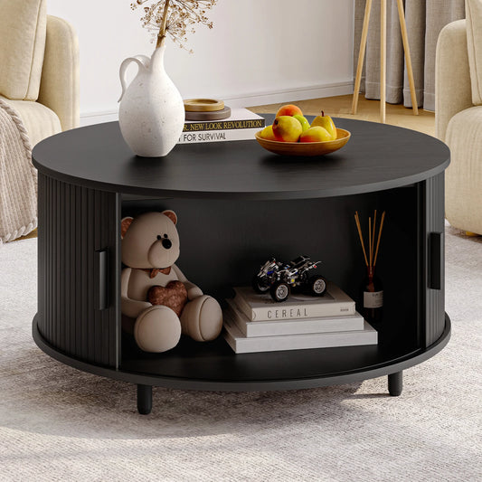 ONBRILL Modern Fluted Wood Round Coffee Table with Hidden Storage