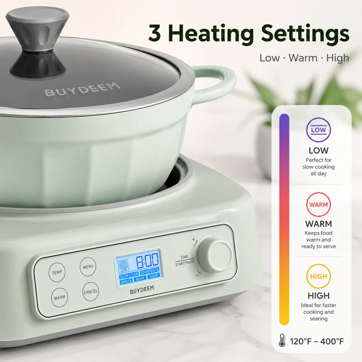 BUYDEEM 5-in-1 Slow Cooker 4.7QT, Electric Crockpot with Removable Nonstick Pot, Slow Cook Sear Saute Braise Bean Soup Modes, 2 Temperature Controls, 24H Timer, Auto Keep Warm, Compatible with Flat-Bottom Cookware