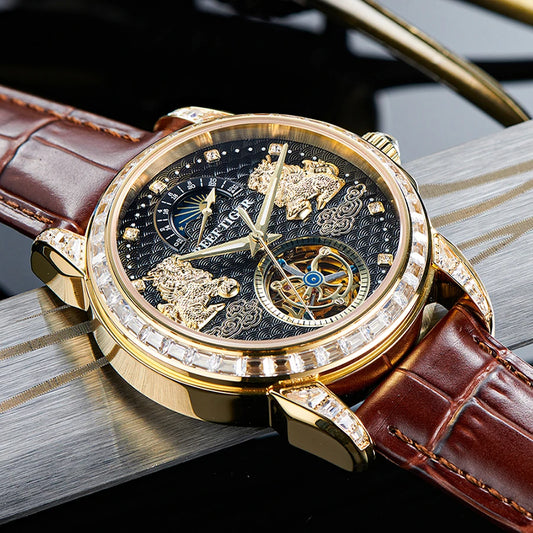 Reef Tiger Men's Automatic Mechanical Watch Leather Band Stainless Steel