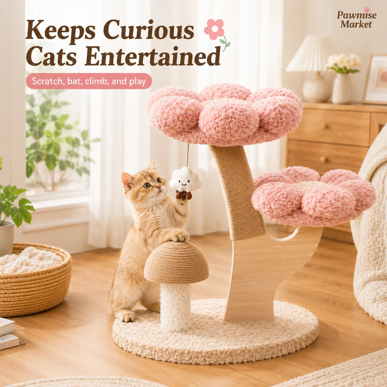 28.35-Inch Flower Cat Tree for Indoor Cats, 2-Tier Pink Plush Cat Tower with Sisal Scratching Post, Mushroom Scratcher and Hanging Cloud Toy, Compact Activity Center for Kittens and Small Cats