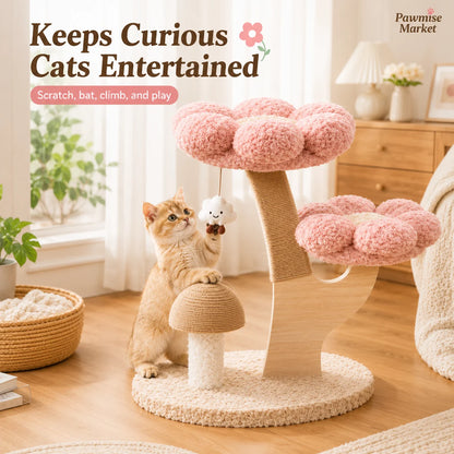 28.35-Inch Flower Cat Tree for Indoor Cats, 2-Tier Pink Plush Cat Tower with Sisal Scratching Post, Mushroom Scratcher and Hanging Cloud Toy, Compact Activity Center for Kittens and Small Cats
