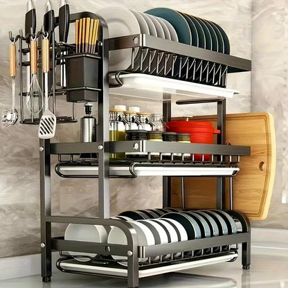 Three Tier Dish Rack For Countertop Kitchen Utensil Holder With Large Capacity