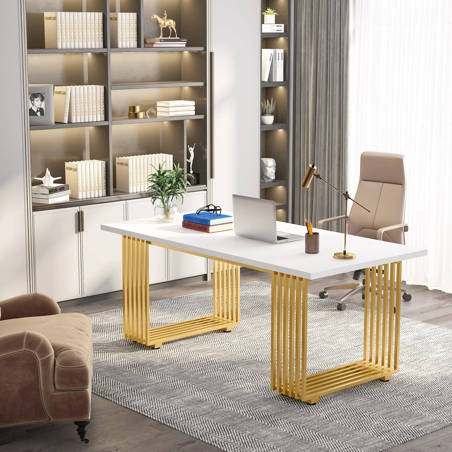 Tribesigns Modern Office Desk with Gold Metal Legs for Home