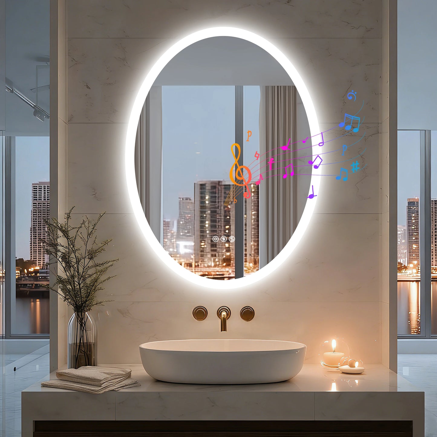 LED Oval Vanity Mirror With Bluetooth Speakers Anti Fog Dimmable
