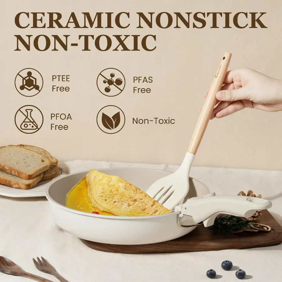 Ceramic Cookware Set, 20 Pack Nonstick Pots and Pans Set with Detachable Handles, Healthy Frying Pans, Induction Dishwasher Oven