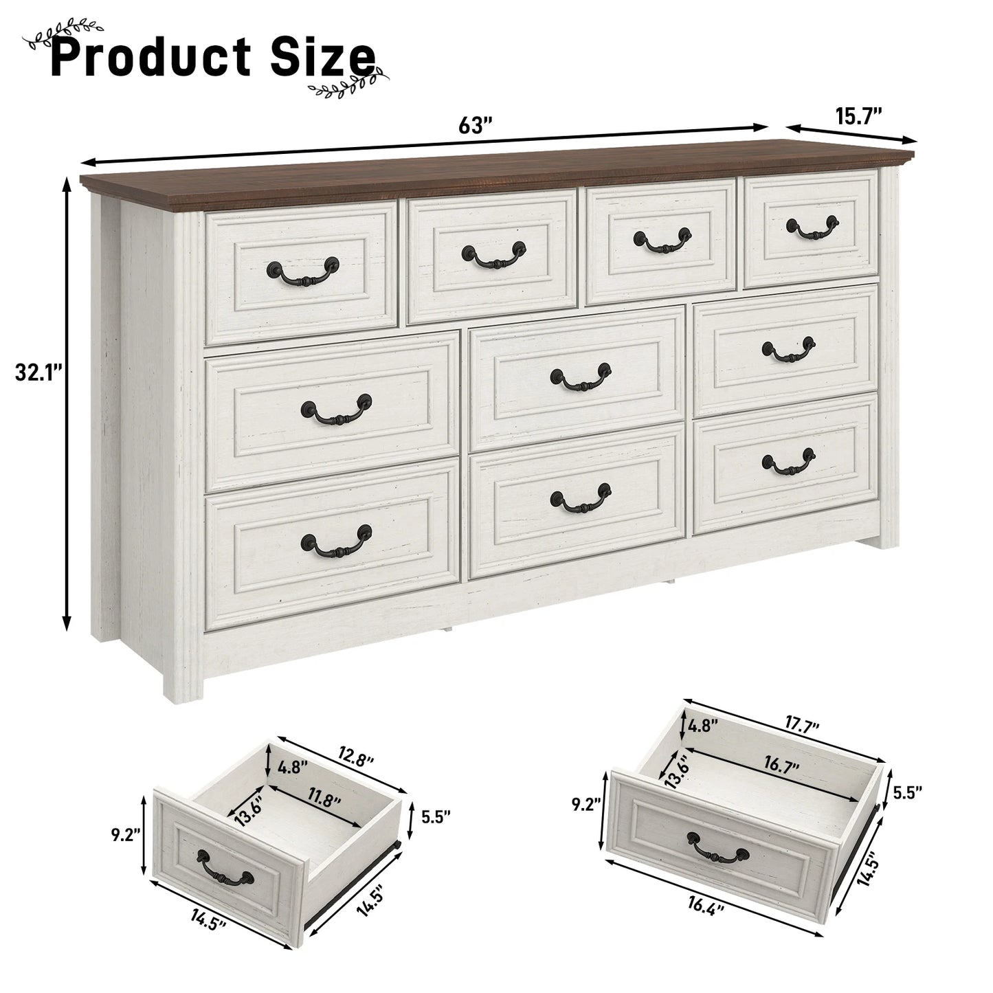 QiaoShiRen Farmhouse 10 Drawer Dresser With Rustic Handles