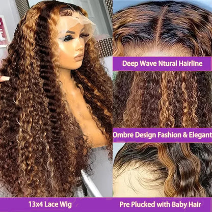 4/27 32 Inch Highlight Honey Brown Curly Lace Front Human Hair Wigs 13x6 Ombre Colored Deep Wave Lace Frontal Wigs Women ﻿