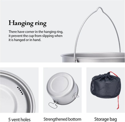 Ultralight Portable Hanging Pot for Outdoor Camping Backpacking Hiking - Camp Kitchen Cookware with Multiple Sizes 1300ML/1950ML