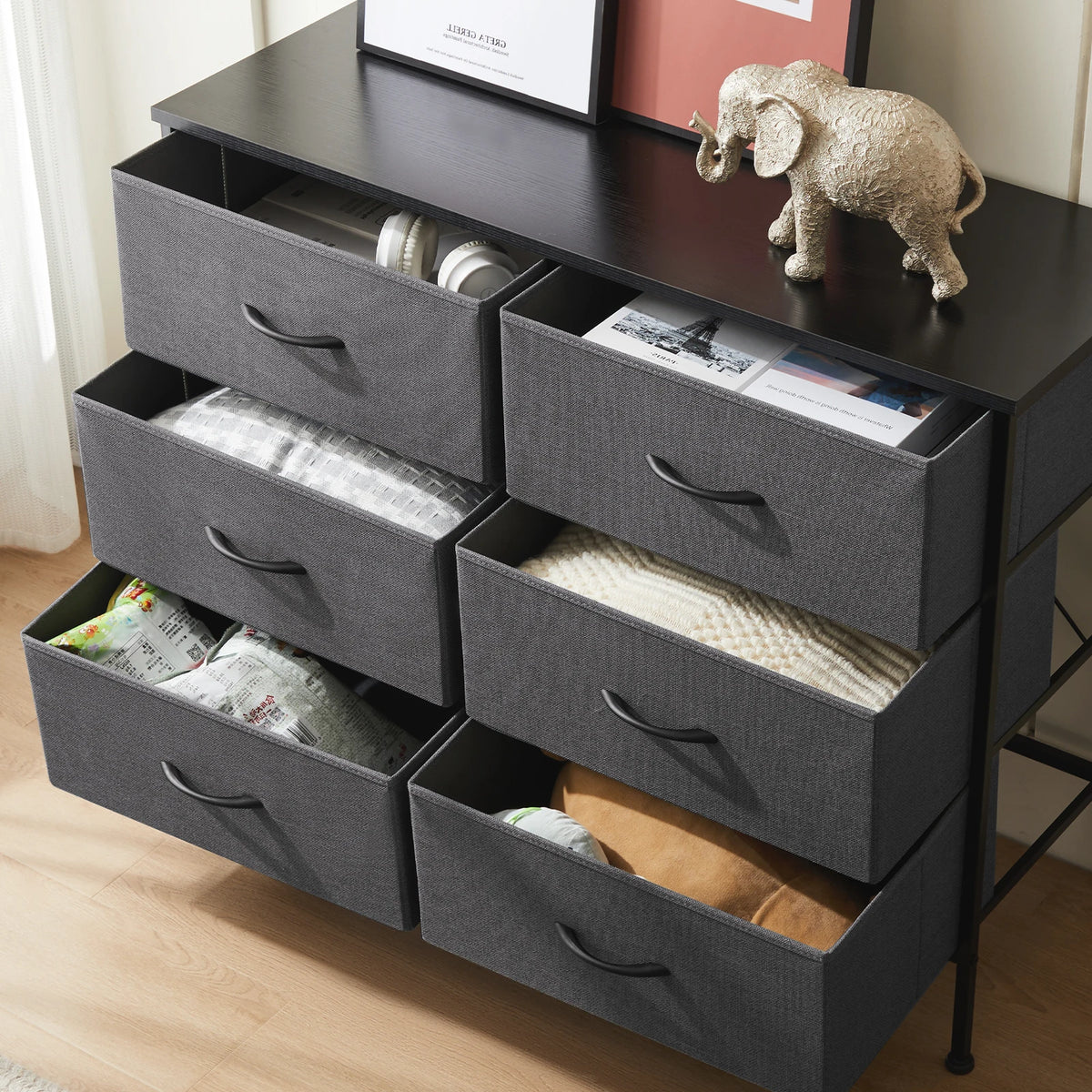 JHK Six Drawer Fabric Storage Nightstand With Metal Frame