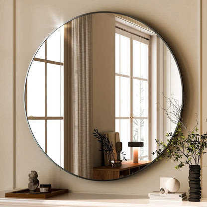 24.2"x24.2" Round Bathroom Mirror Wall Mirror, Metal Frame Circle Mirror Black