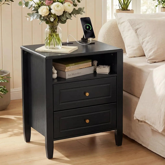 ANIXOL Nightstand With Charging Station, Two Drawers And Open Shelf