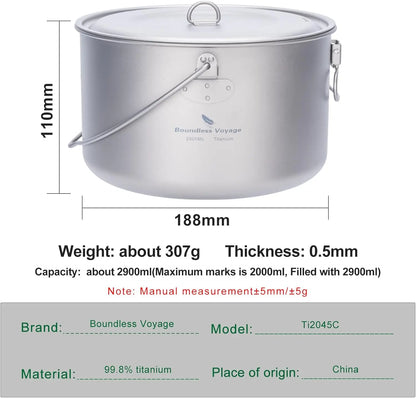 Ultralight Portable Hanging Pot for Outdoor Camping Backpacking Hiking - Camp Kitchen Cookware with Multiple Sizes 1300ML/1950ML