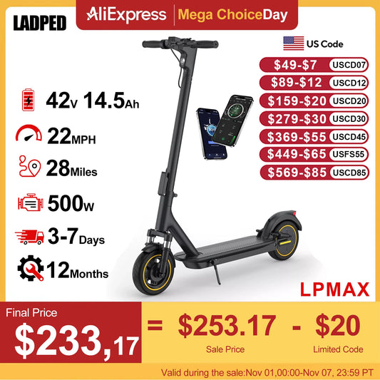 LADPED LPMAX 10" Solid tires Folding Electric Scooter 22MPH 500W 14.5AH 28Miles Super Long Range Dual Shock Absorber EScooter