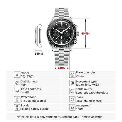 PAGANI DESIGN Moon Mens Watch Chronograph Quartz Automatic Waterproof Sapphire