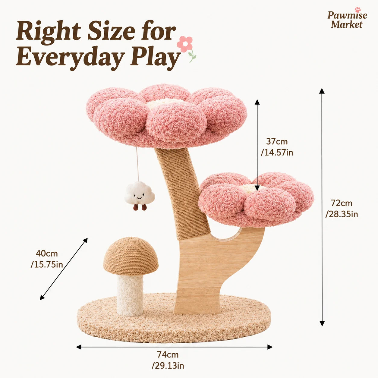 28.35-Inch Flower Cat Tree for Indoor Cats, 2-Tier Pink Plush Cat Tower with Sisal Scratching Post, Mushroom Scratcher and Hanging Cloud Toy, Compact Activity Center for Kittens and Small Cats