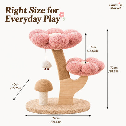 28.35-Inch Flower Cat Tree for Indoor Cats, 2-Tier Pink Plush Cat Tower with Sisal Scratching Post, Mushroom Scratcher and Hanging Cloud Toy, Compact Activity Center for Kittens and Small Cats
