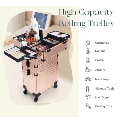 Maxulene Rolling Makeup Case 3 In 1 On Wheels Salon Trolley