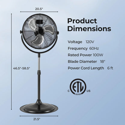 18" High Velocity Pedestal Fan w/ 3 Speeds 360° Tilt & Adjustable Heigh for Home