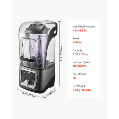 Succebuy 2.5L/3.5L Electric Blender for Smoothies 1400W Multi-Functional Food Processing Blender&Noise Cover for Kitchen