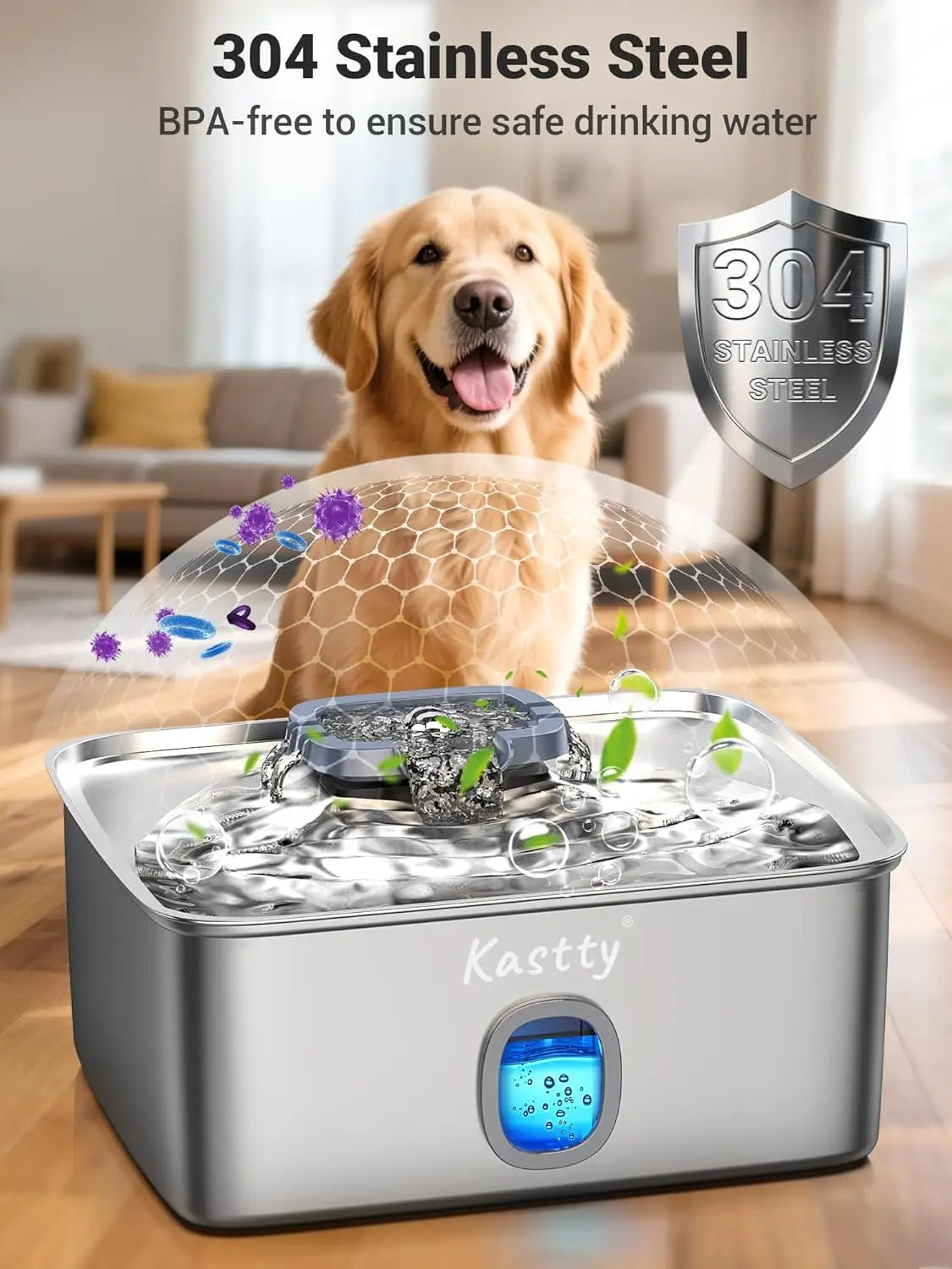 15L Stainless Steel Dog Water Fountain with Triple Filtration, Ultra Quiet Automatic Pet Dispenser with LED Light