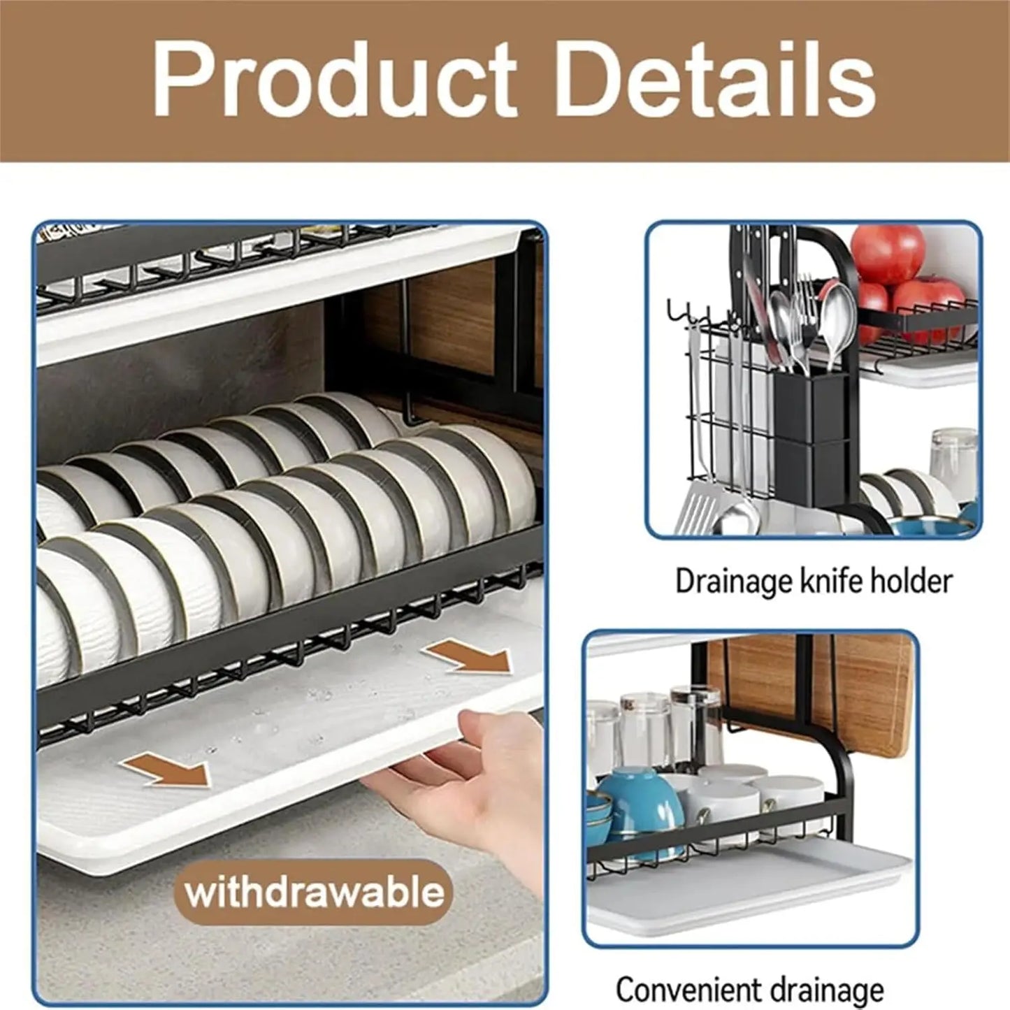 Three Tier Dish Rack For Countertop Kitchen Utensil Holder With Large Capacity