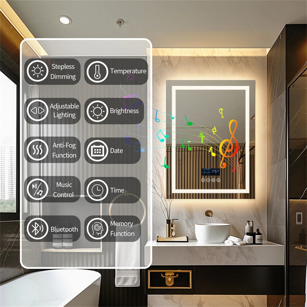 BORWART Smart LED Bathroom Mirror With Bluetooth Time Temperature AntiFog